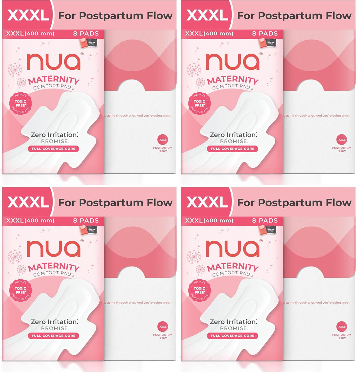 Nua Ultra-Safe Maternity Pads 400 Mm Xxxl|Postpartum Bleeding & Clots|Edge-To-Edge Protection|Elevated Central Core|60% Larger Absorbent Core|Safe On Skin|Convenient & Hygienic Disposal,4 Count
