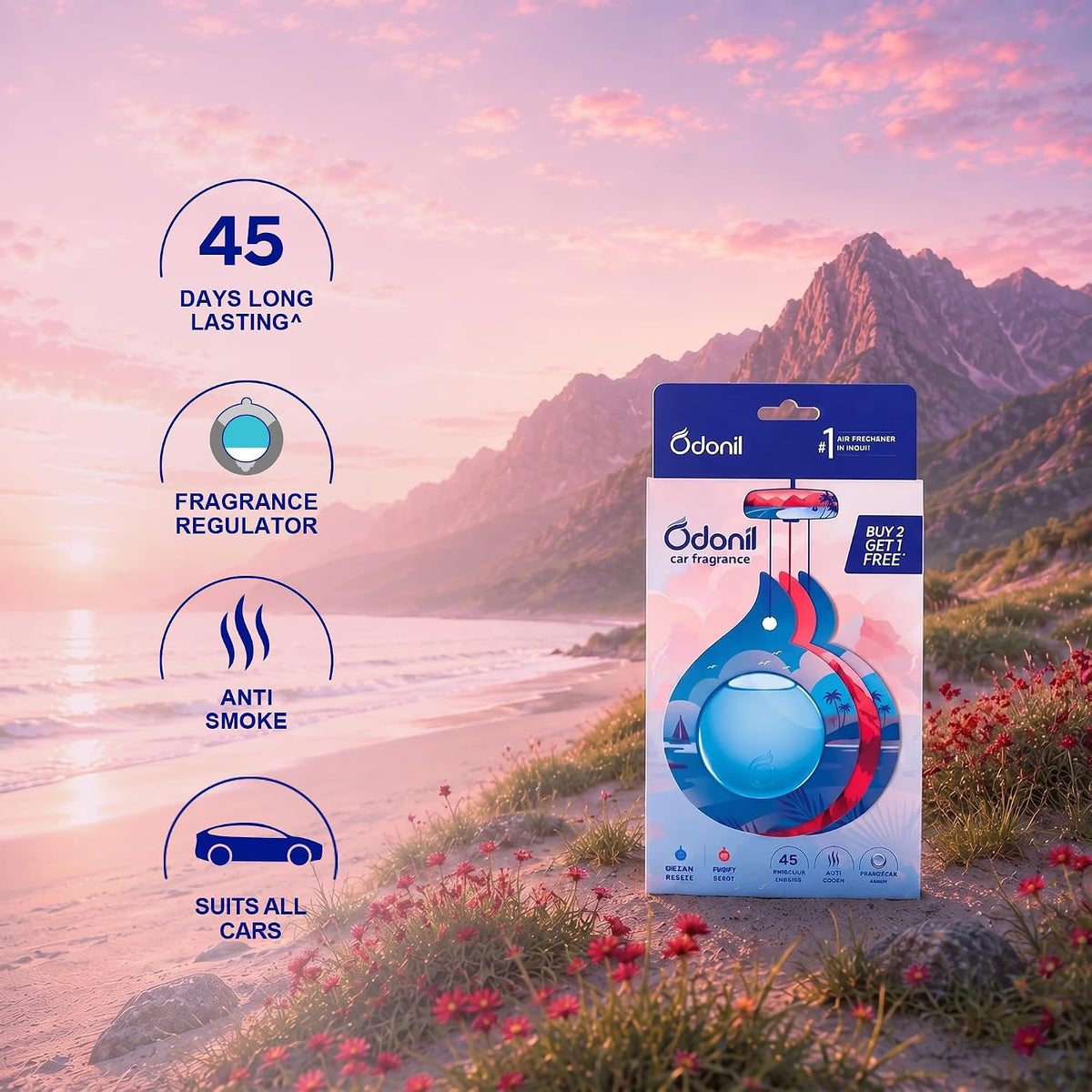 Odonil Car Fragrance 2+1 Mix Perfume - Long Lasting (upto 45 day) Car Air Freshener | Hanging Car Perfume | Fragrance regulator | Suits all cars