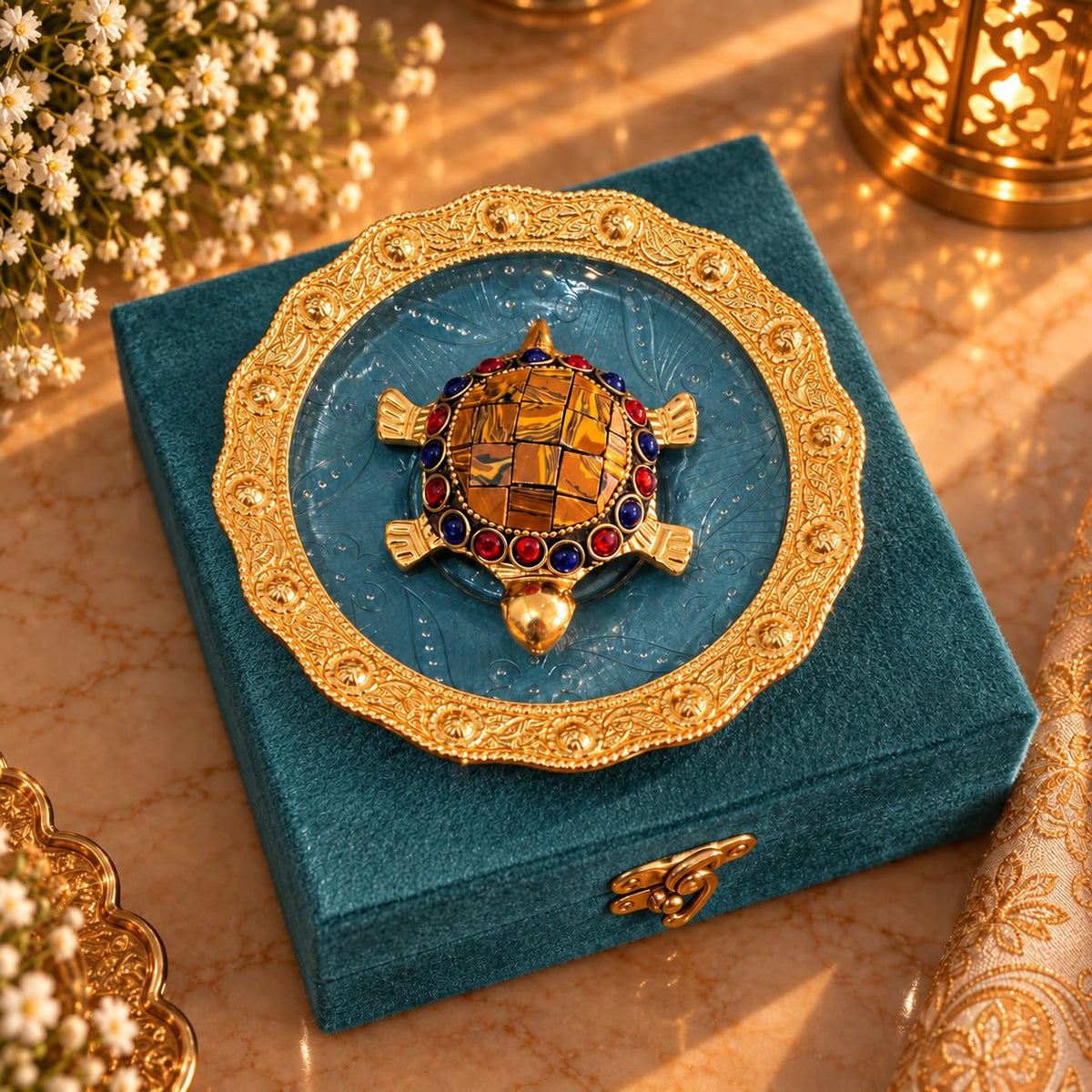 KridayKraft Multicolour Stone-Studded Gold Tortoise Showpiece with 14 cm Designer Tray and Luxury Dark Teal Blue Gift Box, Tabletop Décor for Home, Office, Wedding, Anniversary and Housewarming Gift