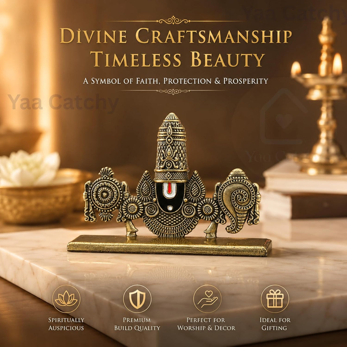 YaaNatural Yaa Catchy Lord Venkateswara Balaji Idol | Double-Sided 360° Design | Premium Antique Gold Resin Tirupati Balaji Murti | Car Dashboard, Home Temple, Office Desk & Pooja Decor | Spiritual Gift