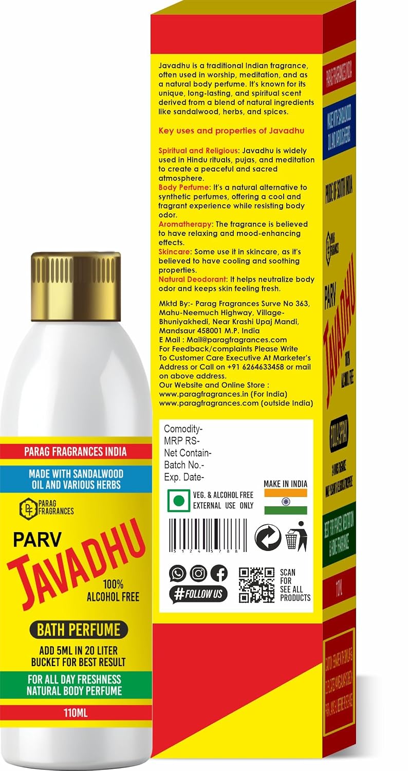 Parag Fragrances Parv Javadhu Bath Perfume 110ml For All Day Freshness/Javadhu Liquid Perfume (Water Soluble Perfume)