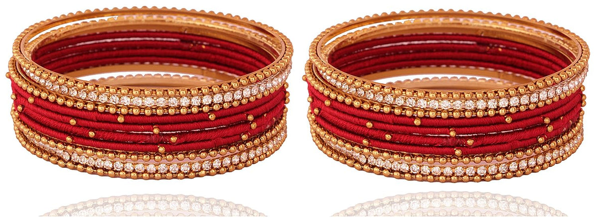 NMII Non-Precious Metal Base Metal With Silk Thread and Zircon Gemstone Studded Worked Or Linked Ball Chain Glossy Finished Bangles Set For Women and Girls
