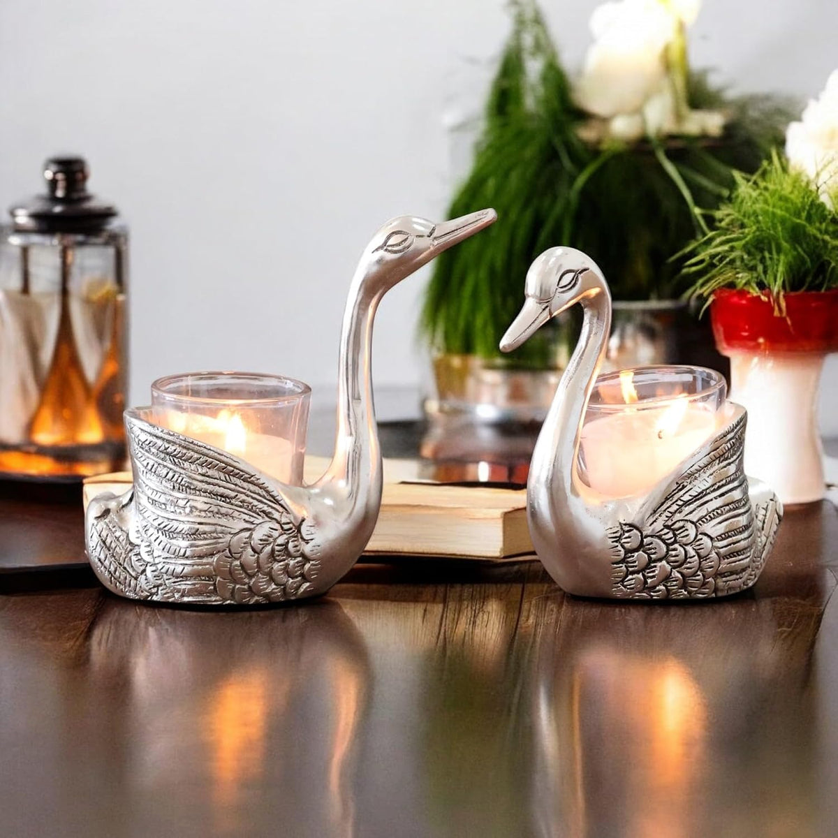 KridayKraft Aluminium Pair of Swans for Good Luck and Love | Candle Holder for Home Decor Tabletop | Showpiece for Gifting Anniversary Valentine's Day (Votive Candle Holders)