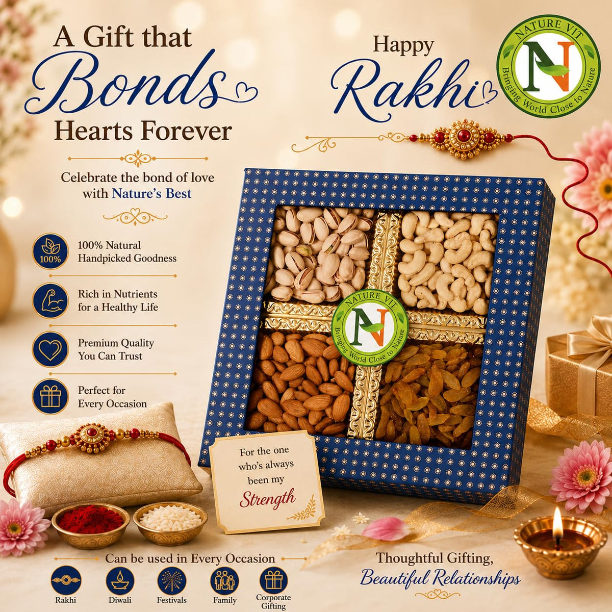 NatureVit Dry Fruits Combo Gift Pack, 400g (Cashew, Almond, Pistachios and Raisins) - Healthy Gift Hamper for Every Occasion | Rakhi Gift Pack for Family, Friends | Corporate Office Gifts Combo | Rakshabandhan Celebration Pack