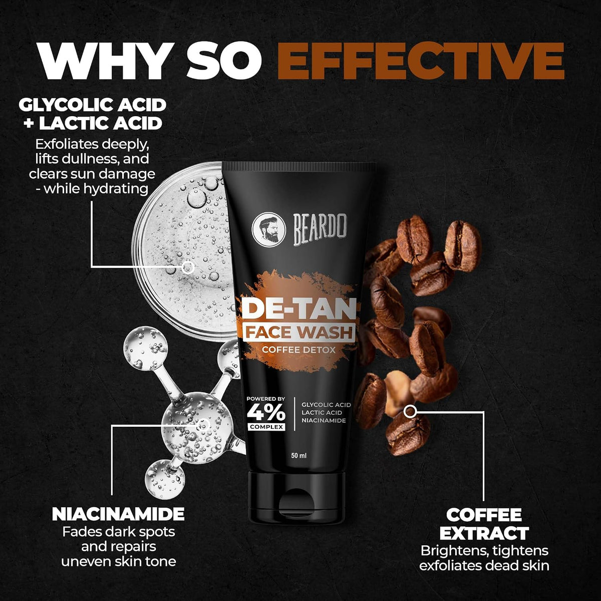 BEARDO DeTan Face Wash for Men, 50ml | Glycolic Acid,Niacinamide & Coffee | Helps to Reduce Tan,Reduce Dark Sports & Pigmentation | Exfoliates & Hydrates for Smooth & Oil Free Skin