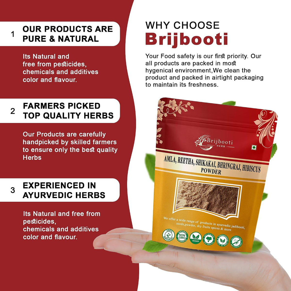Brijbooti Pure Amla Reetha Shikakai Bhringraj Hibiscus Powder for Hair | Natural Herbal Hair Care Powder | 250g
