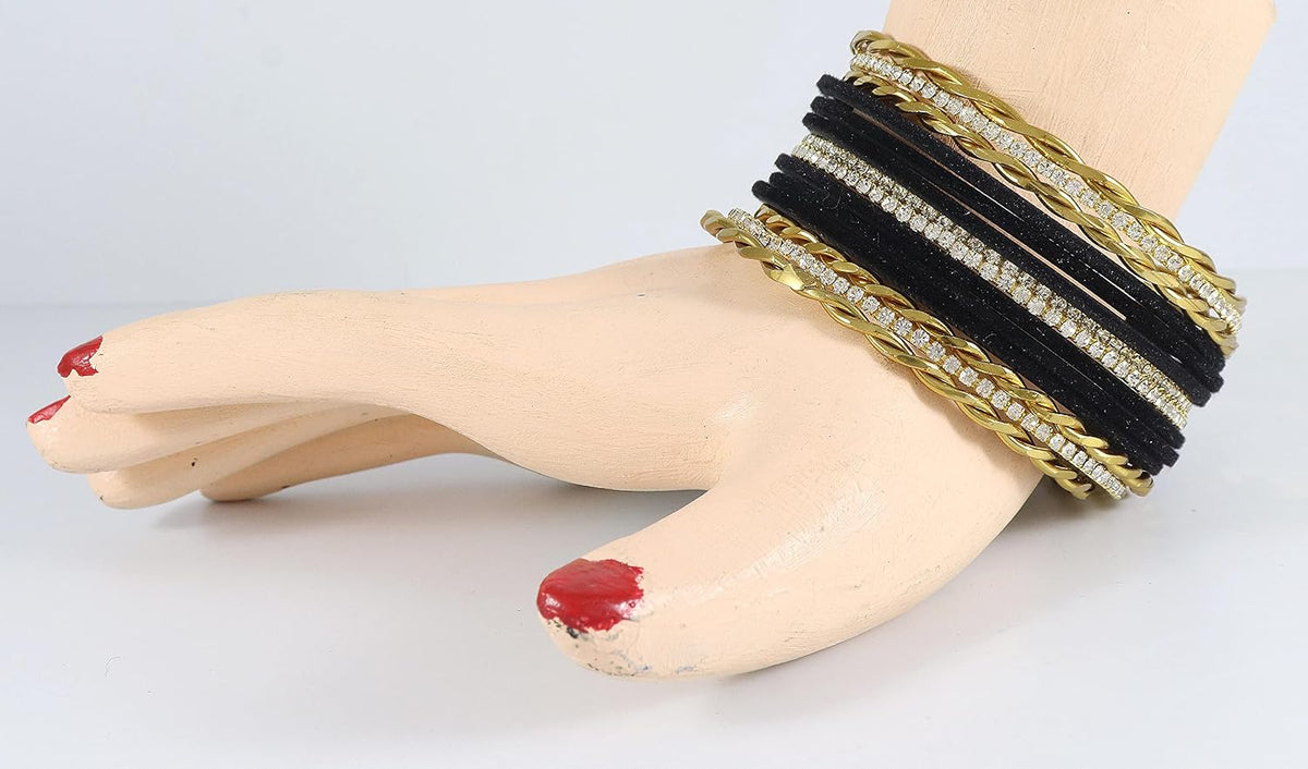 NMII Gold Plated Metal Velvet Bangles Set For Women & Girls with Zircon Gemstone Studded | Traditional Women's Bangles | Designer Gold Bangles | Fashion Jewellery- Set of 28