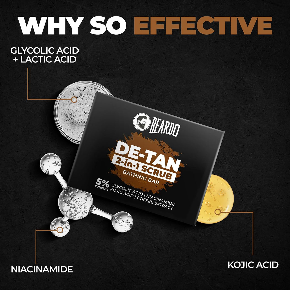 Beardo De-Tan 2-in-1 Scrub Bathing Bar for Men,75g | Dual Action Cleansing & Exfoliation | Niacinamide, Kojic Acid, Glycolic Acid & Coffee Extracts | Helps Remove Tan, Dirt & Dead Skin