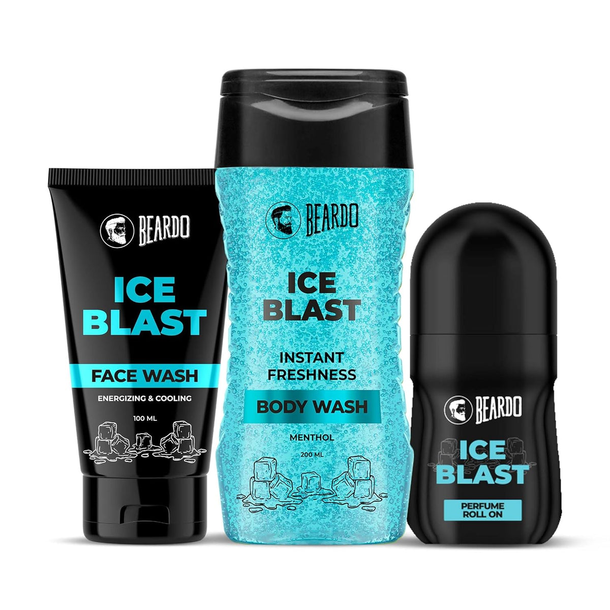 Beardo Ice Blast Body Wash 200ml , Ice Blast Perfume Roll On 50ml & Ice Blast Face Wash 100ml | Refreshing Menthol Cooling Instant Icy Cool Freshness Body Wash ,Roll on & Facewash | Summer Kit for Men | Set of 3
