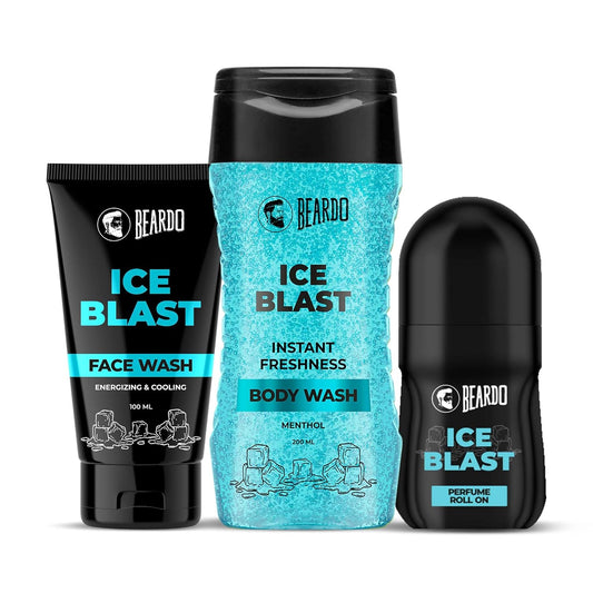 Beardo Ice Blast Body Wash 200ml , Ice Blast Perfume Roll On 50ml & Ice Blast Face Wash 100ml | Refreshing Menthol Cooling Instant Icy Cool Freshness Body Wash ,Roll on & Facewash | Summer Kit for Men | Set of 3