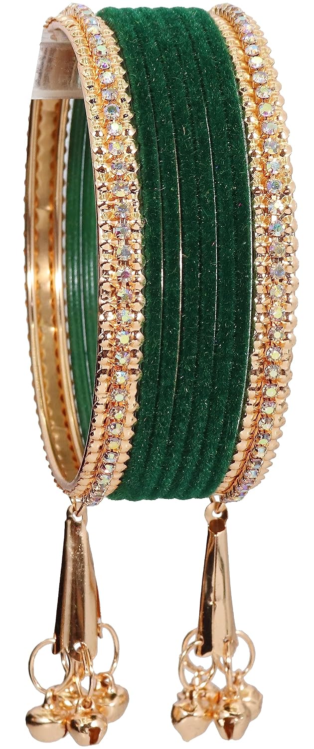 NMII Metal with Zircon Gemstone and Velvet Studded Bells Latkan Bangles Set For Girls and Women I Latkan Bangles, Premium Bangle Bracelet Set I Pack of 16 Bangles