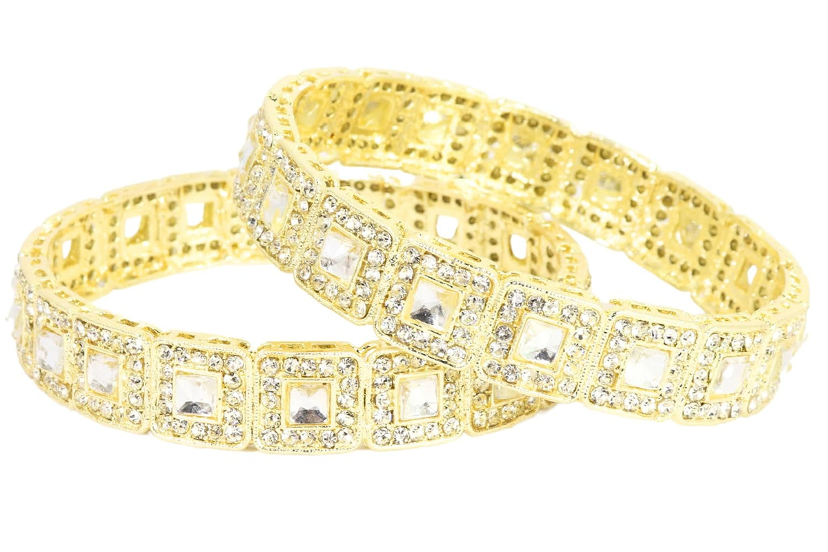 NMII Traditional Golden Metal Bangles Kada Set For Girls & Women Embedded with Zircon Gemstone & Kundan Mirror | Trendy Polki Bangles | Women's Bangles Bracelet Golden- Set of 2 Bangle