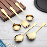 Parage 5 Pieces Stainless Steel Serving Spoons Set of 5 for Dining Table/Kitchen, 1.8 mm Heavy Gauge (2 Soup Ladle/Karchi, 1 Deep Turner, 1 Solid Spoon (Chamcha), 1 Rice Spoon) (Steel Gold, Pack of 5)
