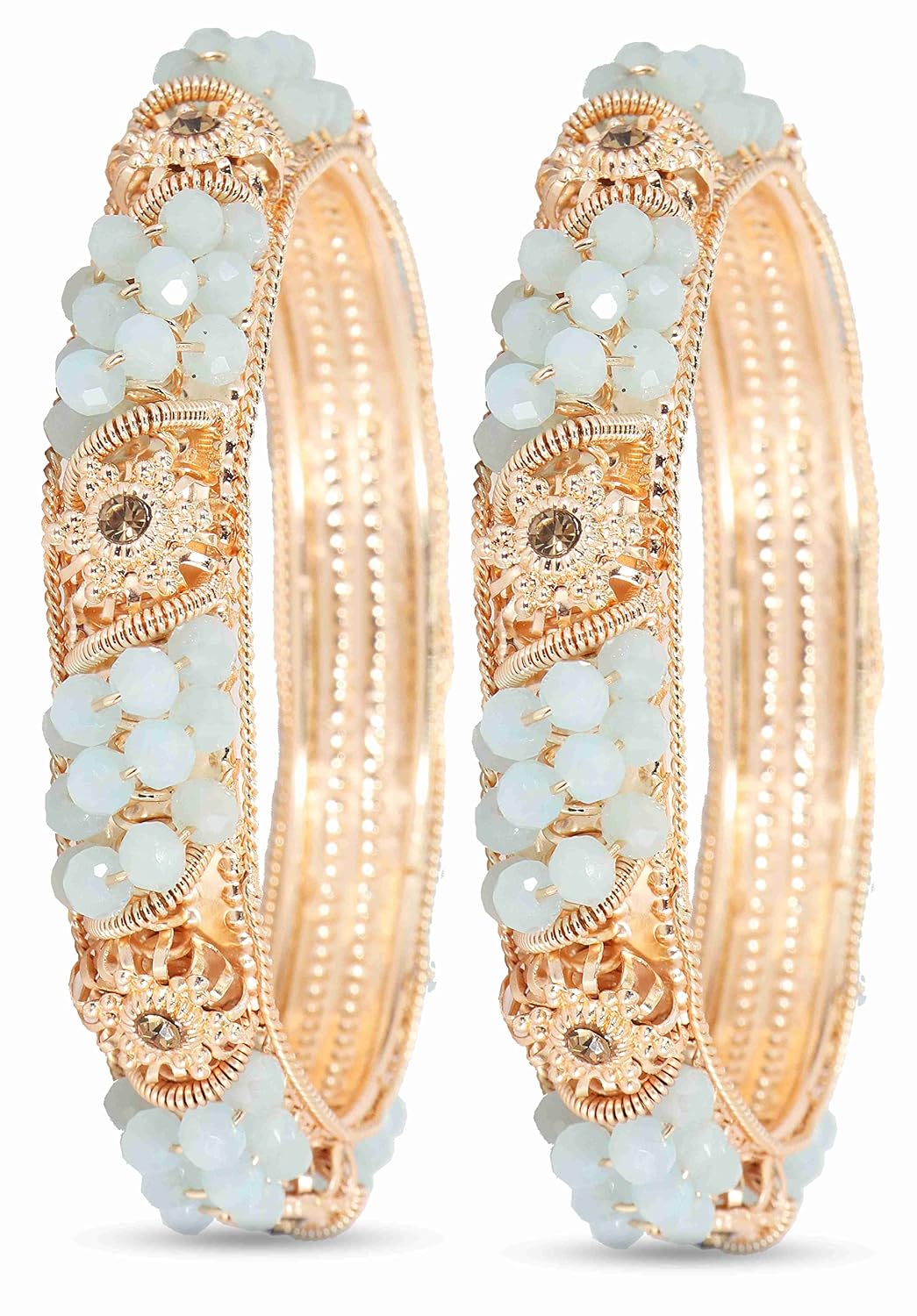 NMII Non-Precious Metal With Base Metal And Zircon Gemstone Or Colourful Beads Studded On Flower Glossy Finished Kada Set For women and Girls
