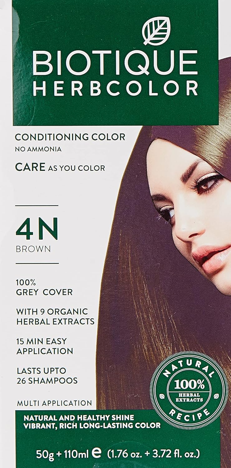 Biotique Herbcolor Conditioning Hair Colour l Ammonia Free Hair Color l 9 Organic Herbal Extracts l Natural and Healthy Shine l 50g + 110ml| Brown 4N (Pack of 4)