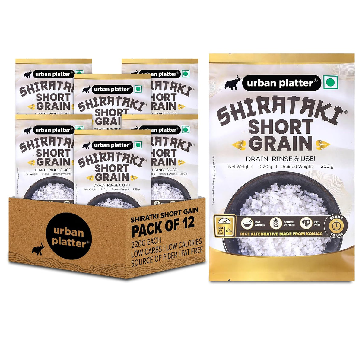 Urban Platter Shirataki Short-Grain Rice, 220 g, Pack of 12 (Ultra Low-Carb, Low-Calorie, Keto-Friendly, Fat-Free, Gluten-Free Alternative To Rice)
