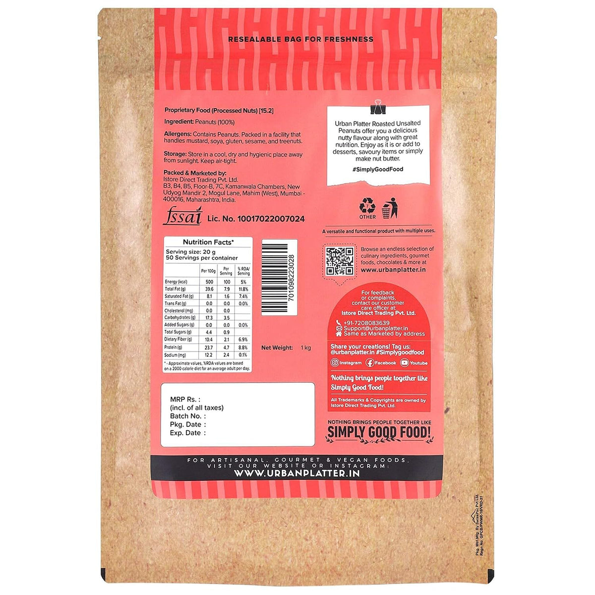 Urban Platter Roasted Unsalted Peanuts, 1kg (Skin Removed | Vacuum Packed | Product of Bharuch)