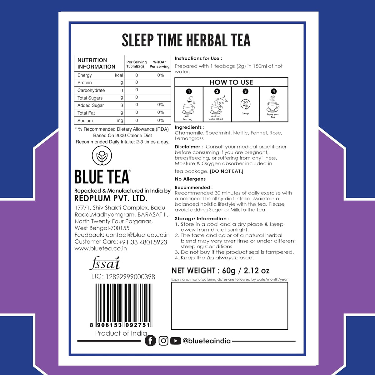 BLUE TEA - Sleep Time Tea - 30 Tea Bags - Plant Based | Helps with Insomnia, Snoring | Supports Deep Relaxation | Caffeine Free | Chamomile, Spearmint, Lemongrass | Ziplock Pack