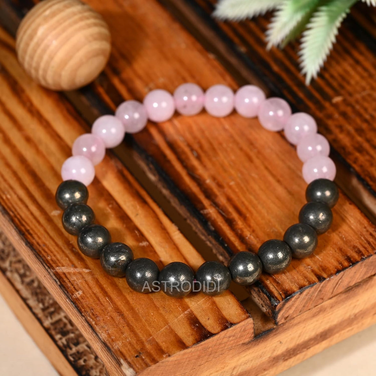 Astrodidi Natural Certified Rose Quartz and Pyrite Stone Bracelet for Attracts Money, Love, Fame, Luck, Relationship and Prosperity | Reiki Feng-Shui Healing Crystal Gemstone Bracelet for Men and Women