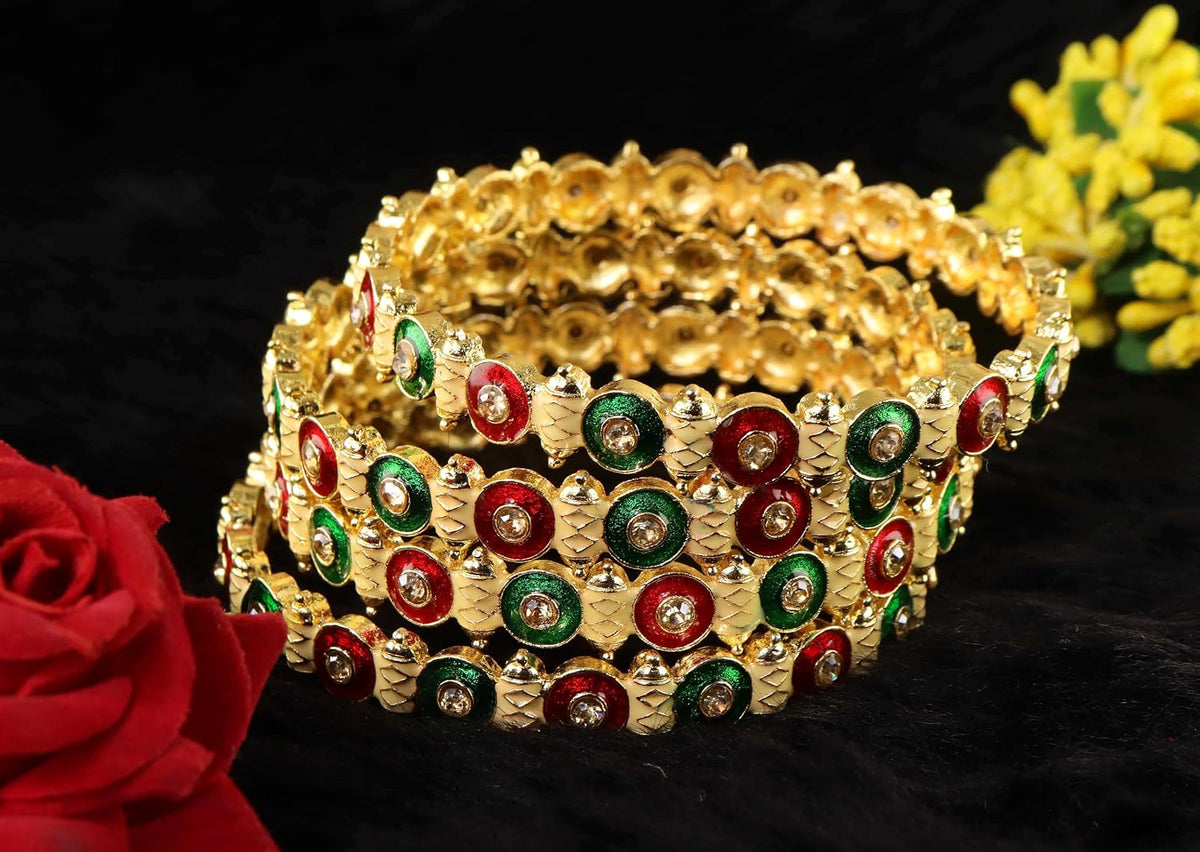NMII Viral Gold Tone Kada for Women & Girls with Red & Green Stone Pattern | Traditional Kada For Wedding Festival Party | Metal Kangan's Karwa Chauth Diwali Gift | Beautiful Ethnic Jewelry - Set of 4