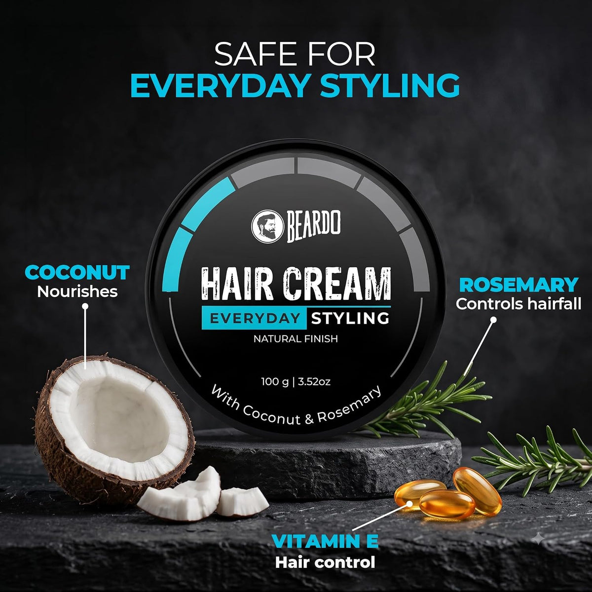 Beardo Hair Cream for Men | Natural Hold Hair Cream for Everyday Styling | Hydrates & Nourishes hair with Coconut, Vitamin E & Rosemary | Non-Sticky | All Hair Types | 100g