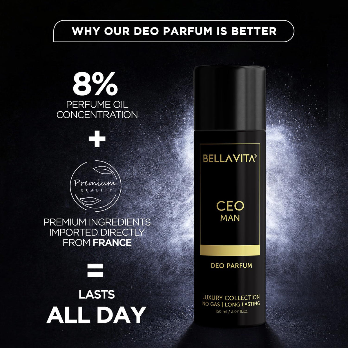 Bella Vita Luxury Male Spray CEO Man Body Perfume 150ml | Premium No Gas Deo for Man | Long Lasting Office Fragrance with Tonka, Agarwood & Sophisticated Masculine Notes