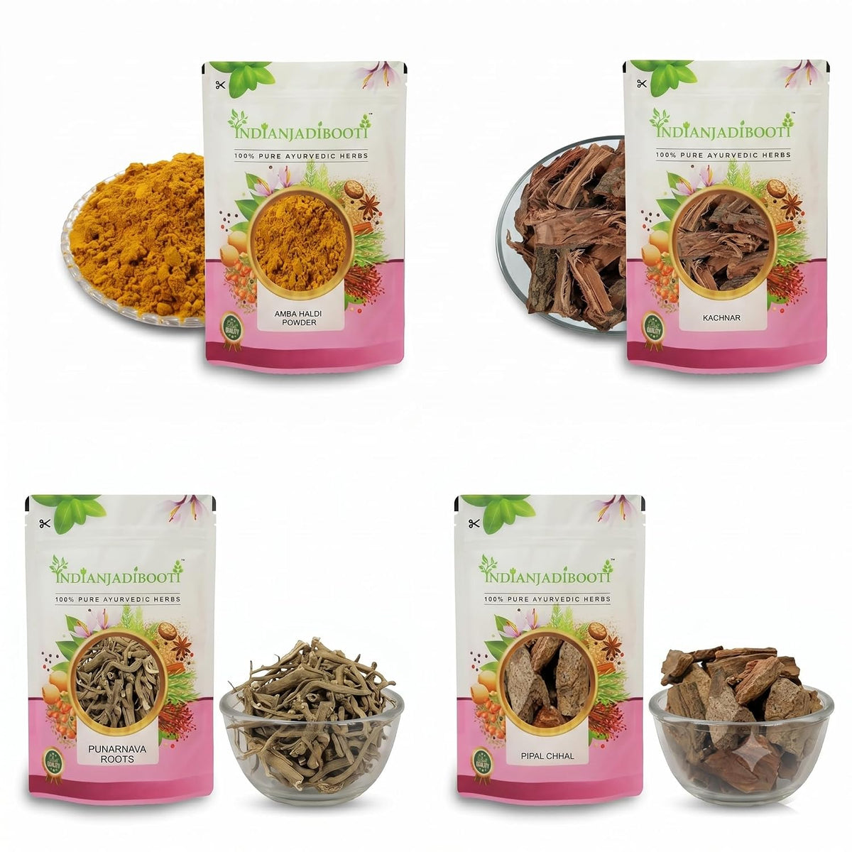 IndianJadiBooti Elite Systemic Harmony Bundle: Pipal Chaal, Punarnava, Kachnar Chaal & Amba Haldi – Promotes Lymphatic Flow, Tissue Health & Metabolic Balance – 400gm Each