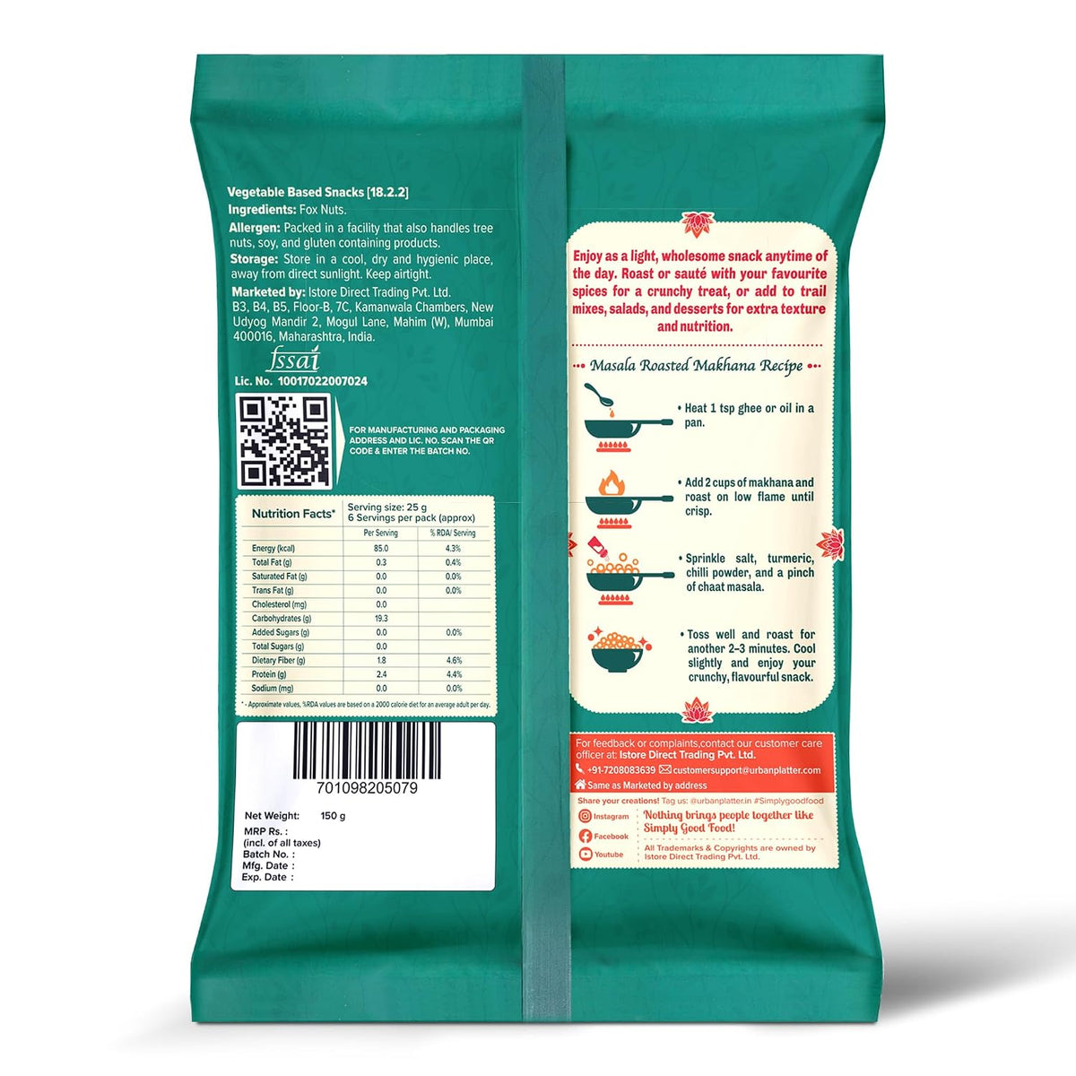Urban Platter Makhana, 150g (Popped Water Lily Seeds, Source of Protein and Fiber, Unroasted and Unsalted)