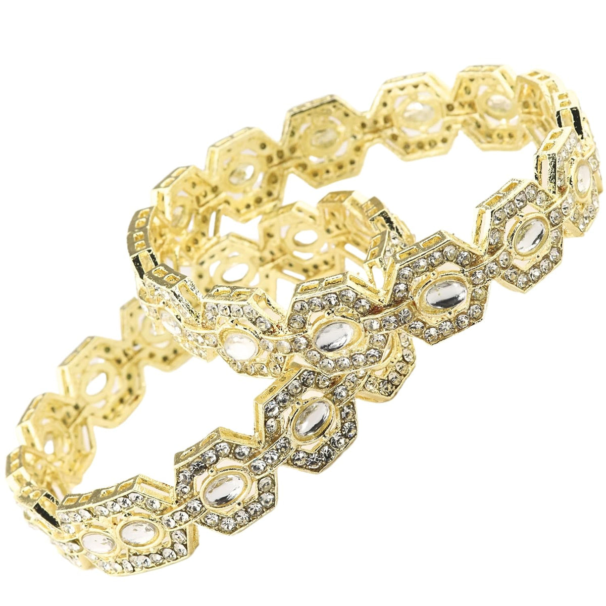NMII Designer Gold Metal Bangles Set For Women & Girls Adorned with Zircon Diamonds | Premium Bridal Women's Bangles Kangan | Chuda Kada Golden For Wedding, Party, Occasion Jewellery- Set of 2 Bangle