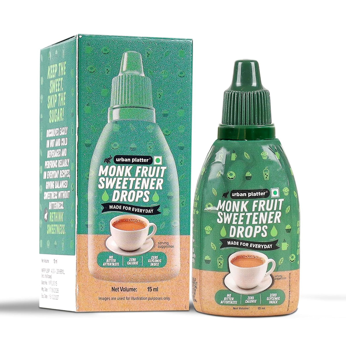 Urban Platter Monk Fruit Sweetener Drops, 15ml (Zero Calorie | No Erythritol | No Bitter Aftertaste | For Tea, Coffee & Beverages)