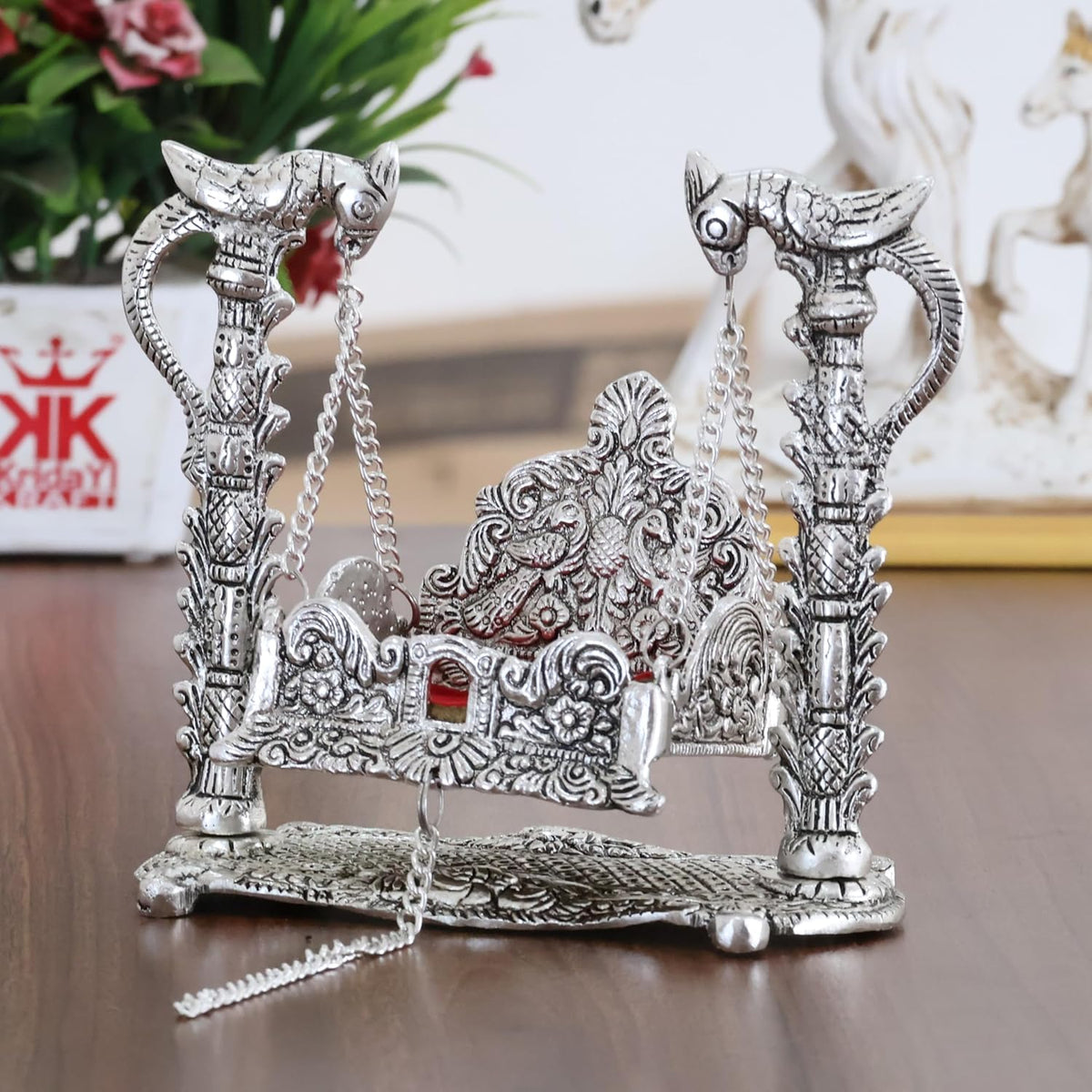 KridayKraft Metal Swing Laddu Gopal Jhula,Krishna Hindola Palana,Decorative Laddu Gopal for Temple Pooja,Showpiece Figurines,Religious Idol Gift Article.