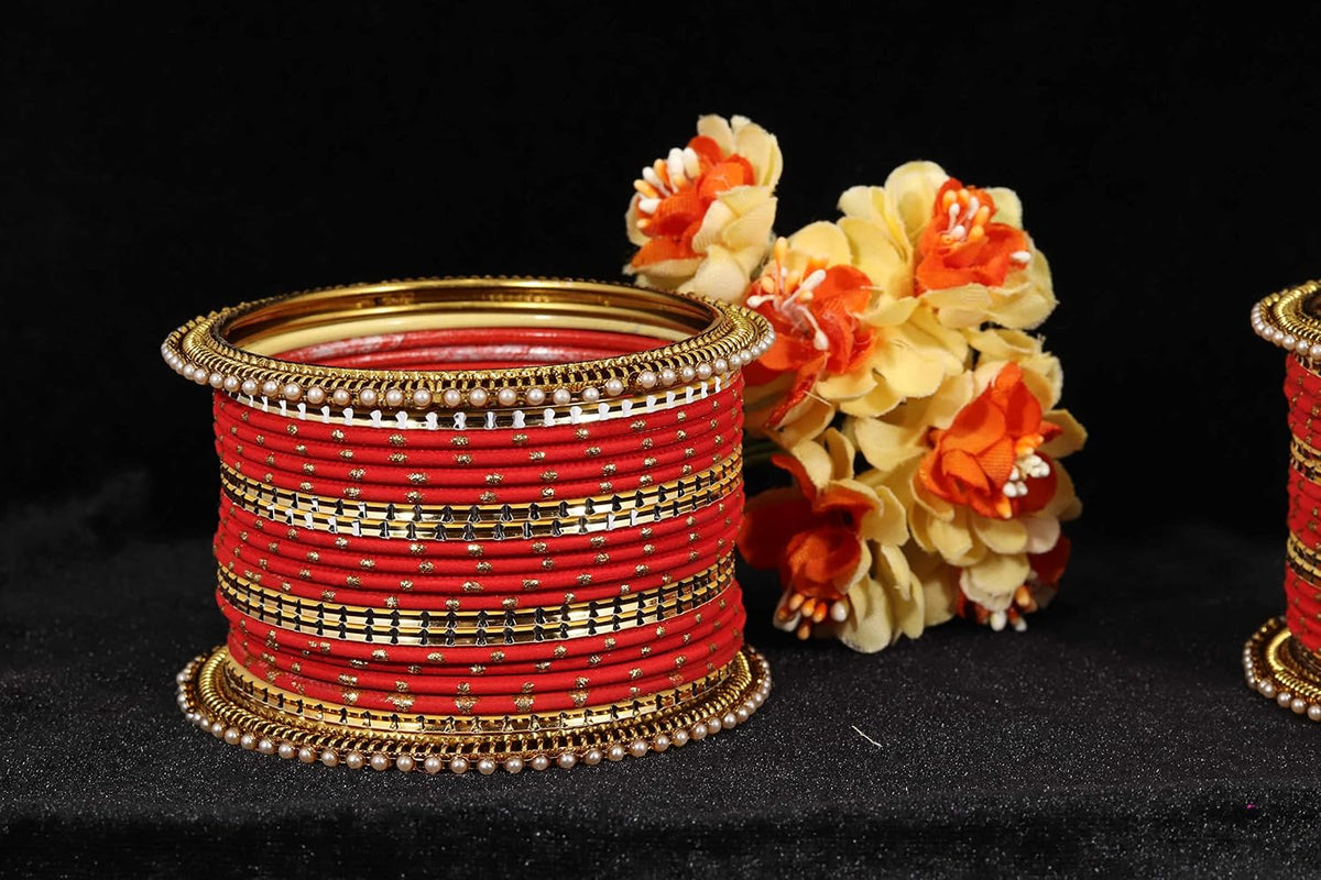 NMII Non-Precious Metal with Base Metal Zari Dotted and Pearls Studded Glossy Finished Traditional Bangle set for Women and Girls