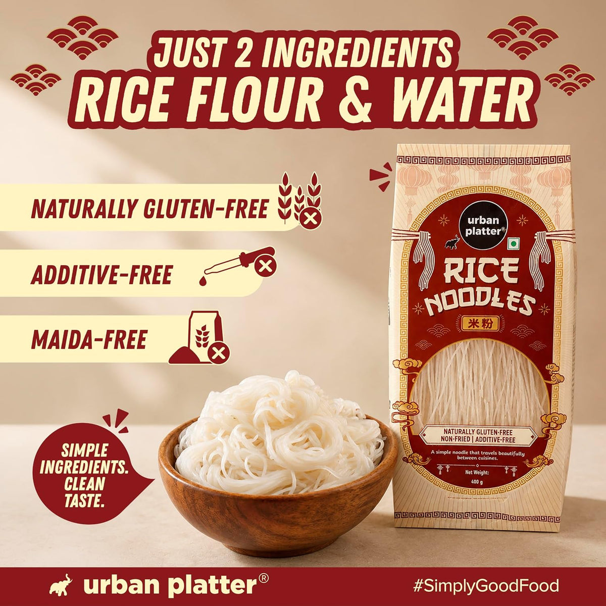 Urban Platter Rice Noodles, 400g (Naturally Gluten Free, Made with Rice Flour, No Additives, Ideal for Pan Asian Cooking)