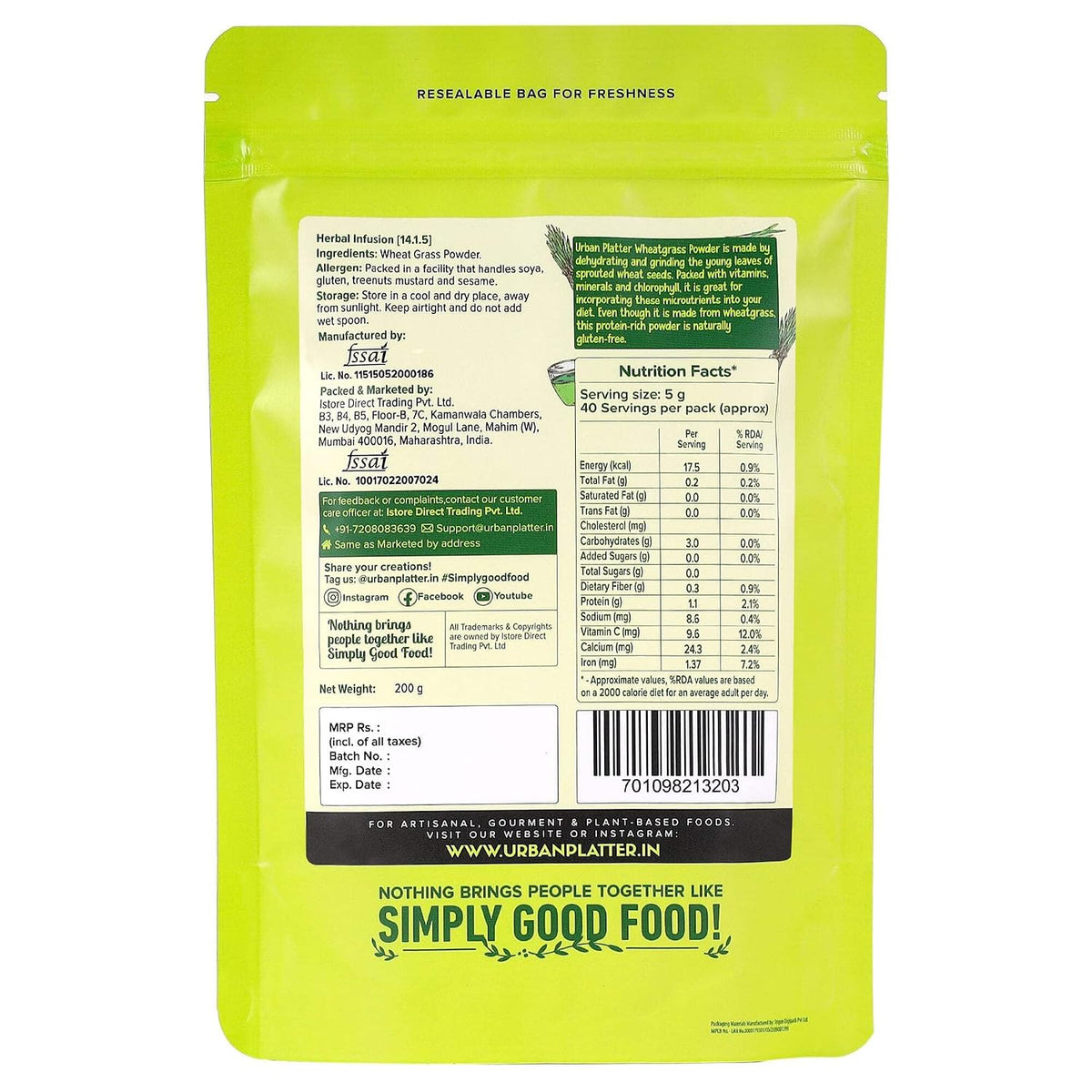 Urban Platter Wheatgrass Powder, 200g [Immunity boosting | Superfood | Supports healthy metabolism | Detoxifying]