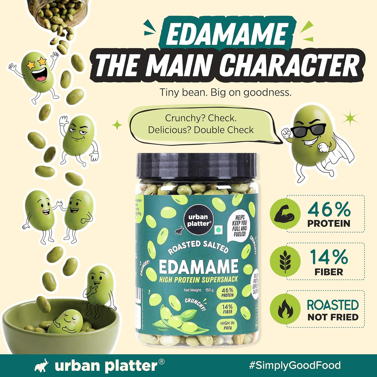 Urban Platter Roasted Salted Edamame, 150g (46% Protein, 14% Fiber, Lightly Salted Young Green Soybeans, Highest Plant Protein Supersnack)