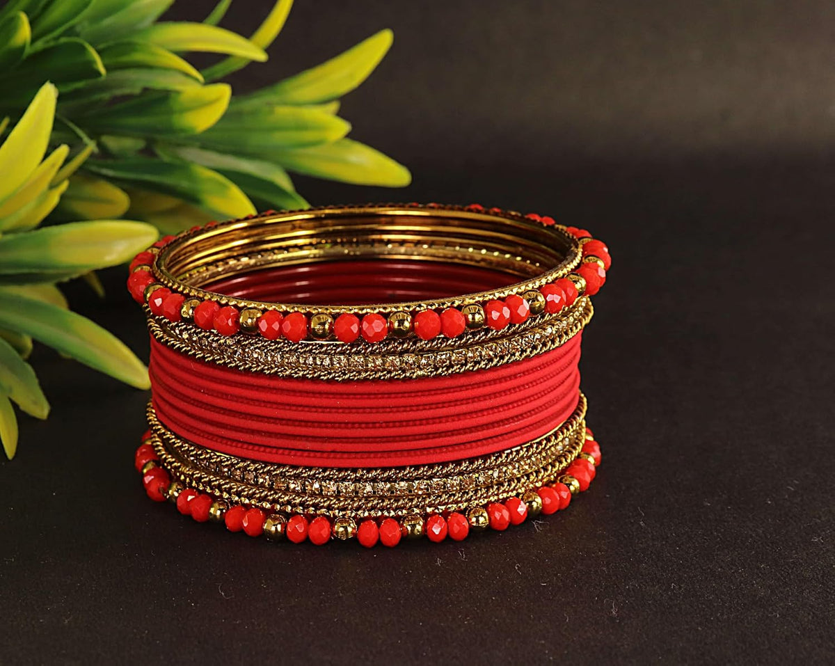 NMII Traditional Alloy Metal With Zircon Gemstone & Beads Chuda Bangles Set For Women & Girls | Designer Chuda For Women | Ethnic Chuda Set | Wedding, Pooja, Party, Everyday, Occasion