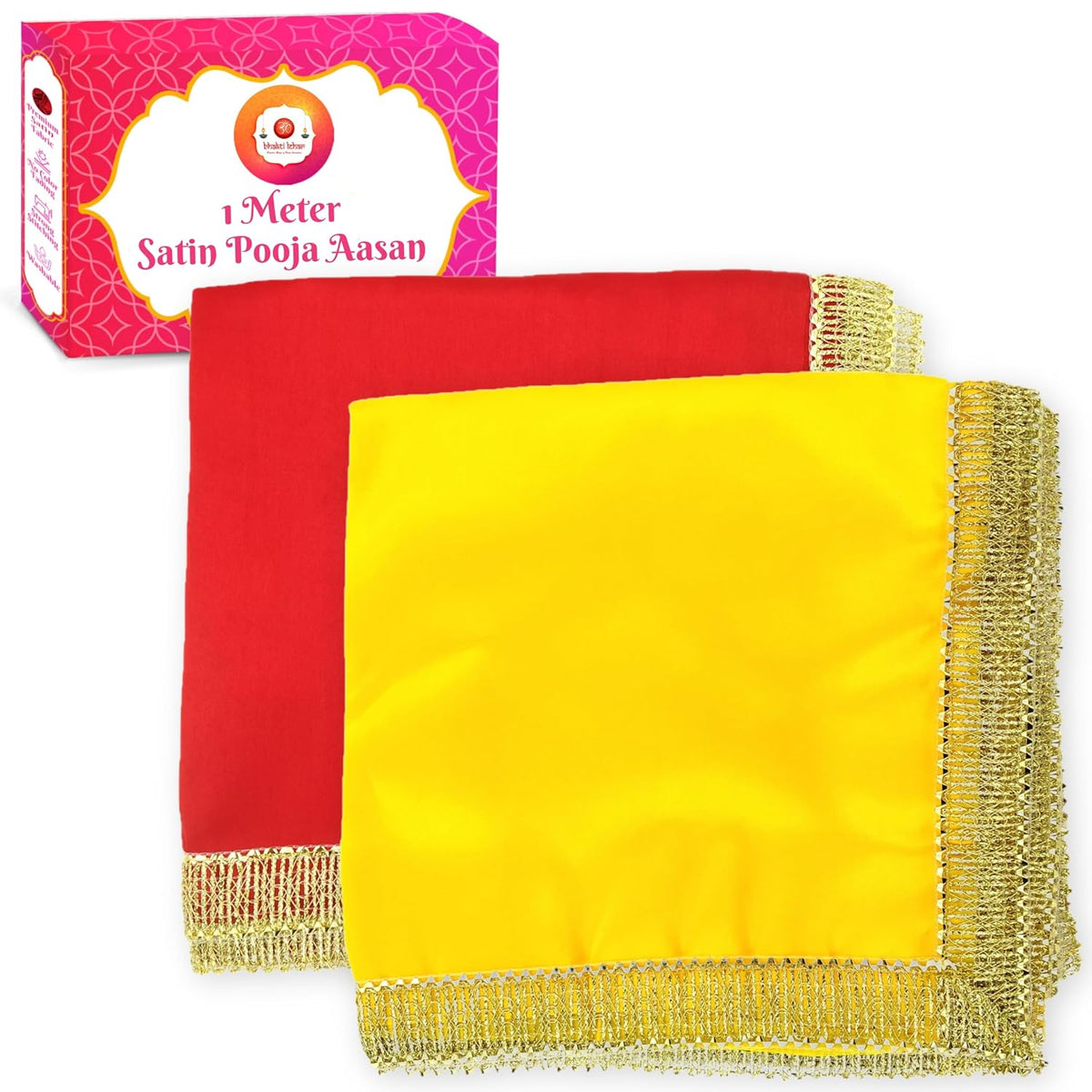 Bhakti Lehar Solid (1 M) Satin Puja Cloth |for Puja Table, God Chowki Aasan, Temple, Mandir And Multipurpose Use (Set of 2) (Red Yellow)