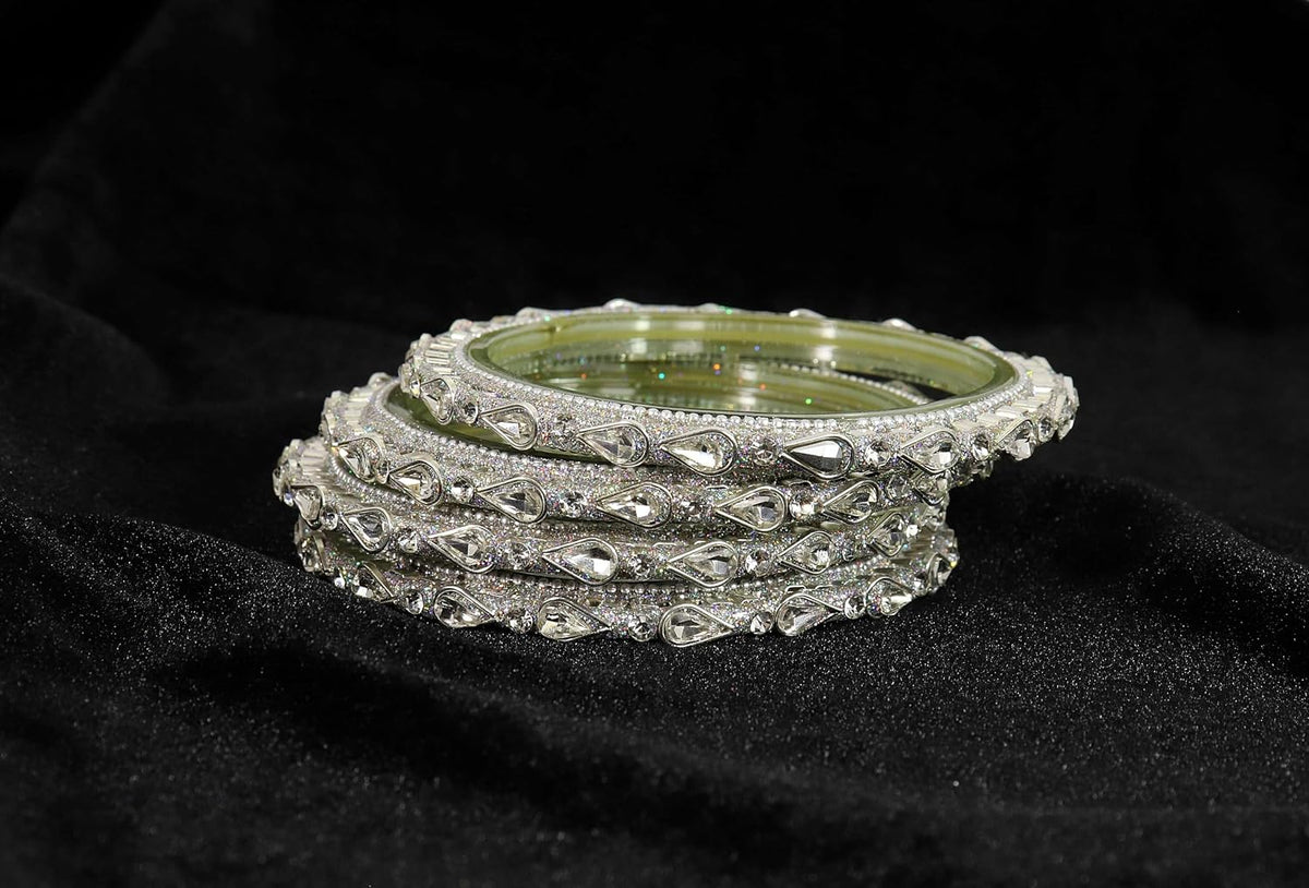 NMII Golden Glass Zircon Gemstone & Beads Studded Bangles Kada Set For Women & Girls | Fancy Golden Kada Bangles | Traditional Rajwadi Kangan | Glass Bangles Wedding, Party, Daily use- Set of 4