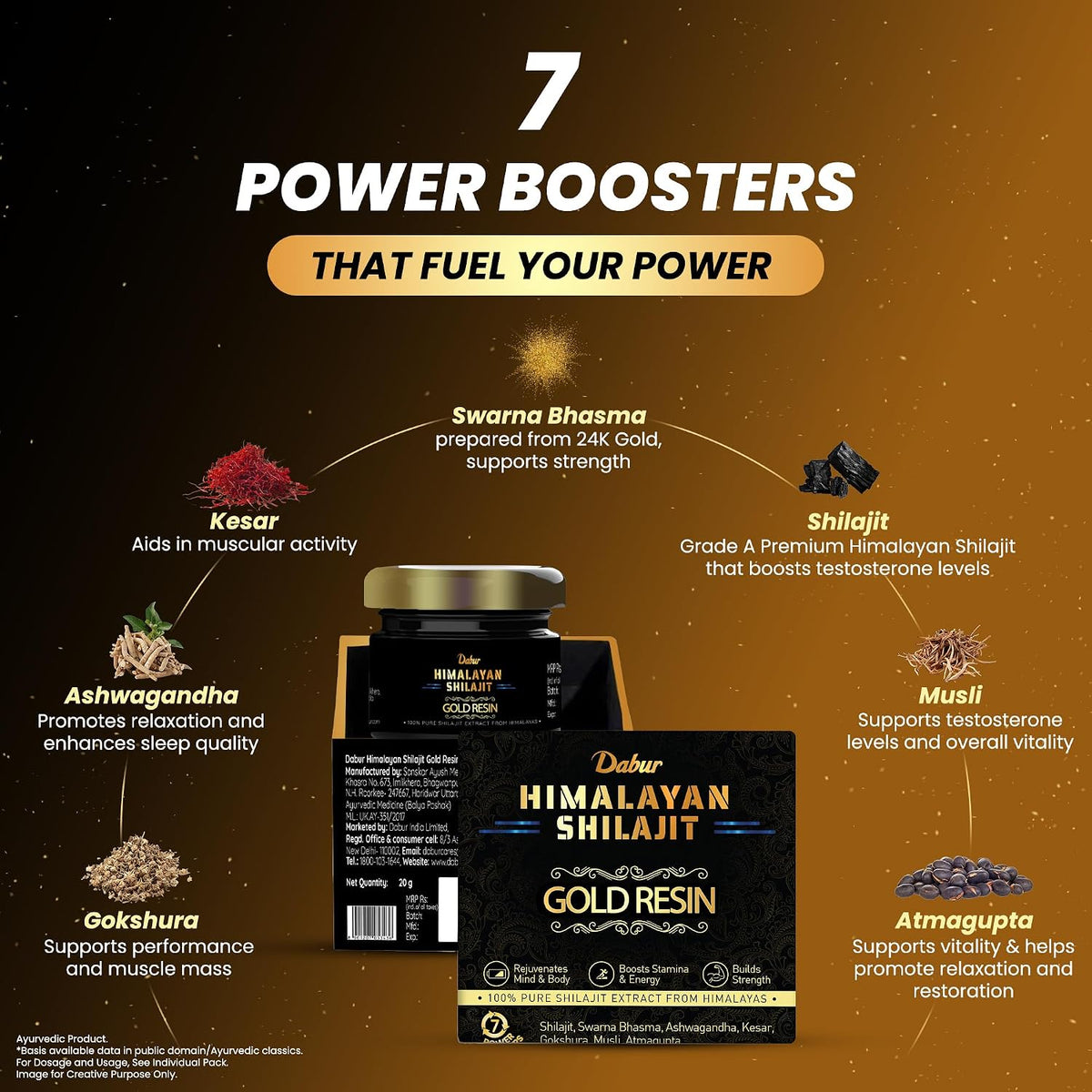 Dabur Himalayan Shilajit/Shilajeet Gold Resin - 20g | 500mg/Serving | 40 Servings | Contains 24 Karat Gold | 7 Ayurvedic Boosters | Boosts Muscle Growth & Stamina | 100% Ayurvedic