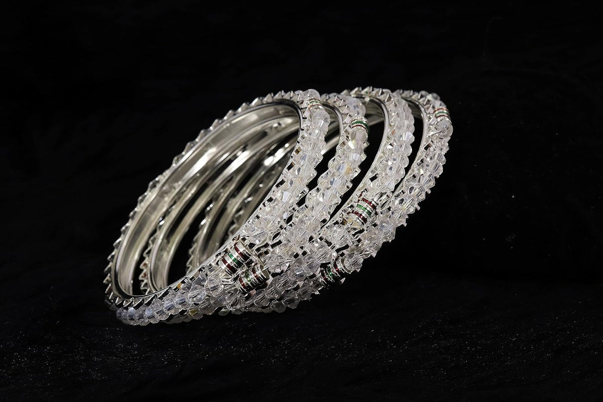 NMII Alloy Metal Silver Bangles Set For Girls and Women Studded Pearls & Beads| Fancy Stylish Bangles | Metal bangles | Women's Bangle | (Pack of 4)