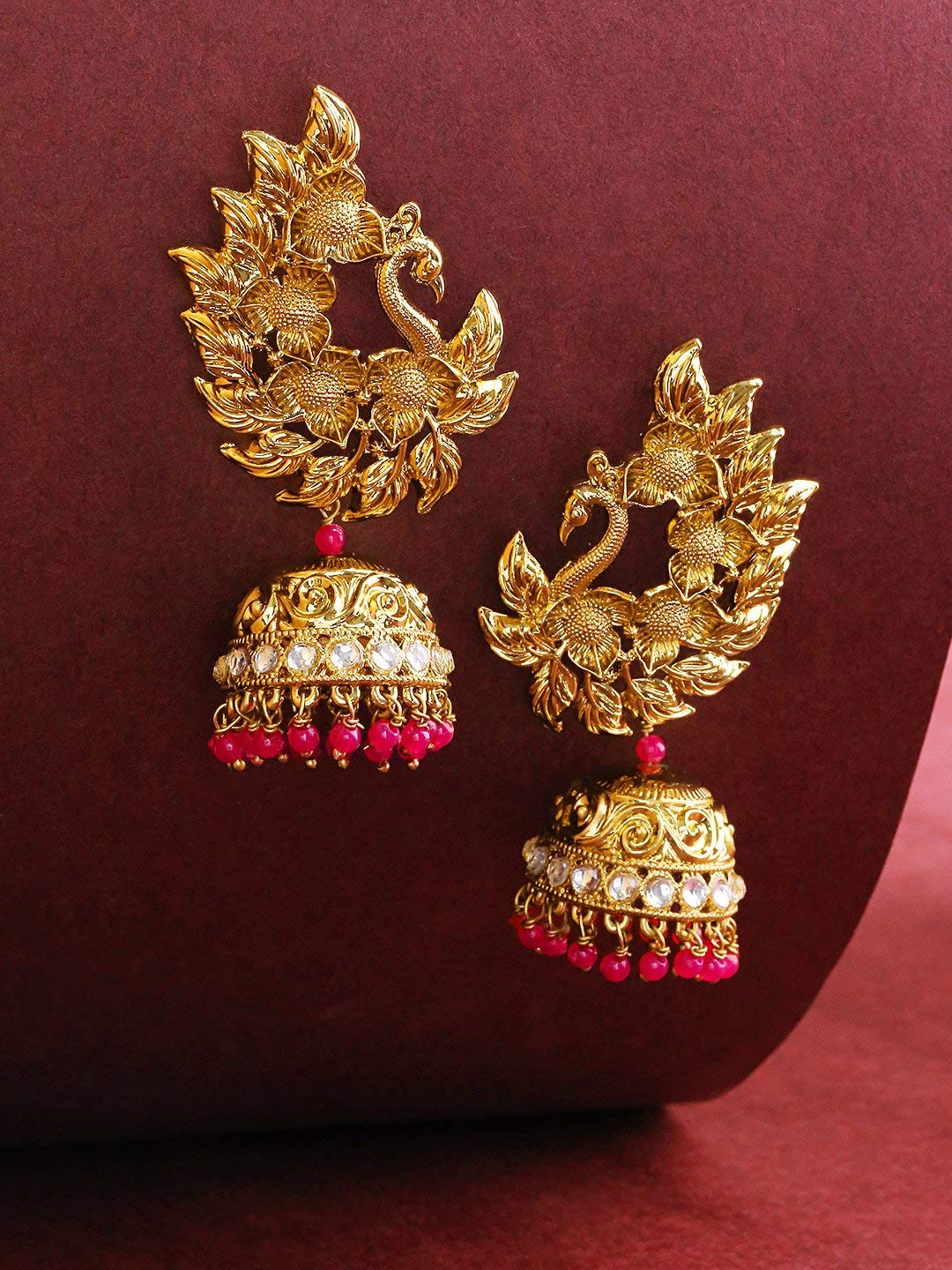 Priyaasi Gold-Plated Peacock Inspired Jhumka Drop Earrings with Pink Beads Drop