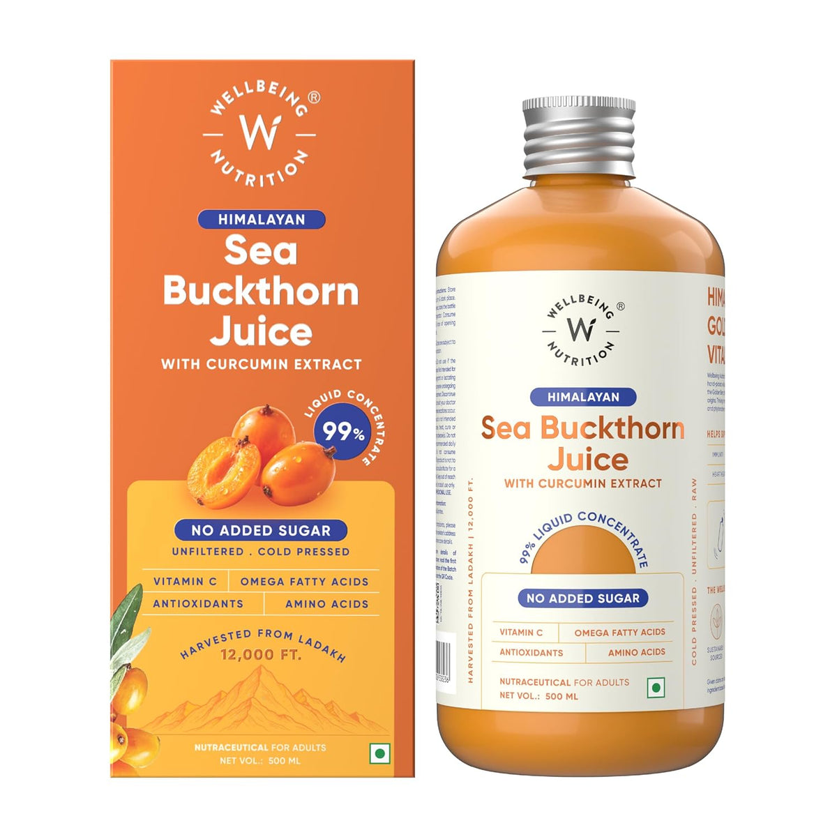 Wellbeing Nutrition Himalayan Sea Buckthorn Pulp With Curcumin Extract |Cold-Pressed, Liquid Concentrate Juice| Natural Vitamin C, Omega 3, 6, 7, 9 & Antioxidants |Supports Immunity, Skin Glow & Gut Health| 500ml