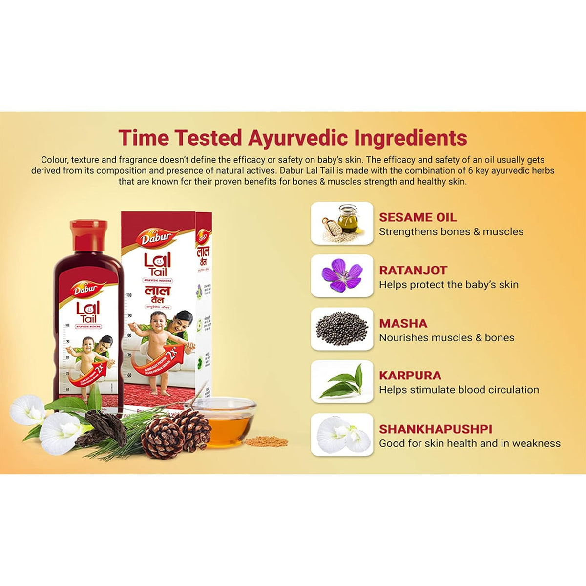 Dabur Lal Tail : Ayurvedic Baby Oil|Clinically Tested 2x Faster Physical Growth for Stronger Bones and Muscles- 200 ml