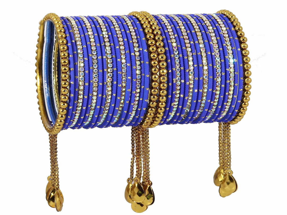 NMII Non-Precious Metal with Base Metal Zari Dotted and Rainbow Zircon Gemstone Studded Glossy Finished Kaleere Type Latkan Bangle set for Women and Girls