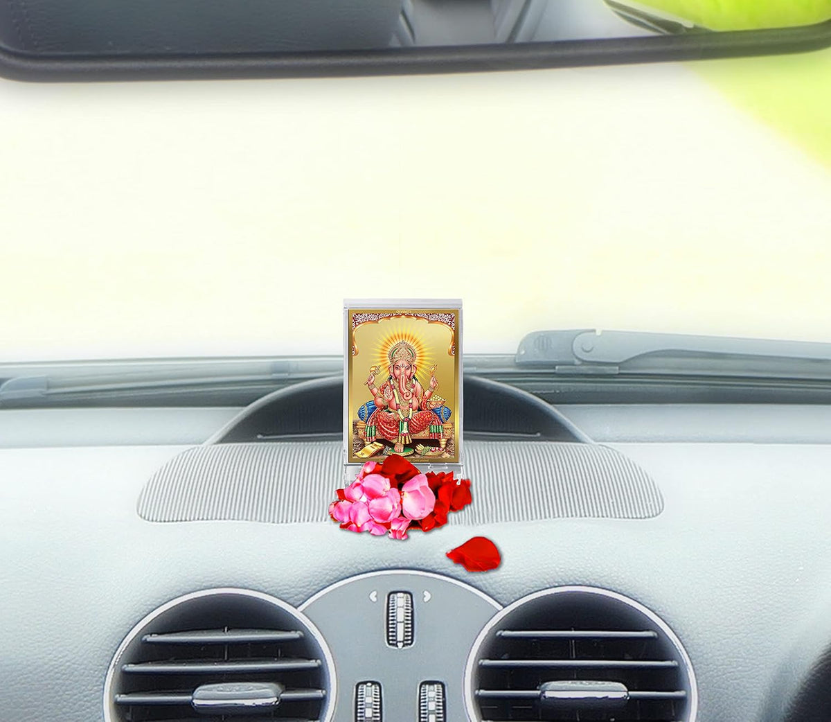 DIVINITI 24K Gold Plated Religious Car Dashboard Frame | Premium God Idol Frame for Car, Home Mandir & Office Table | Spiritual Gift, Decorative Showpiece | Ganesha Front Pose