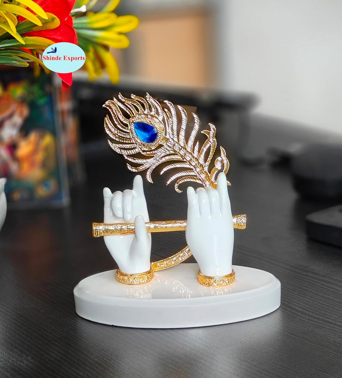 SHINDE EXPORTS Krishna Hand with Flute Statue murli Figurine Small Size for car Dashboard Table décor (White)