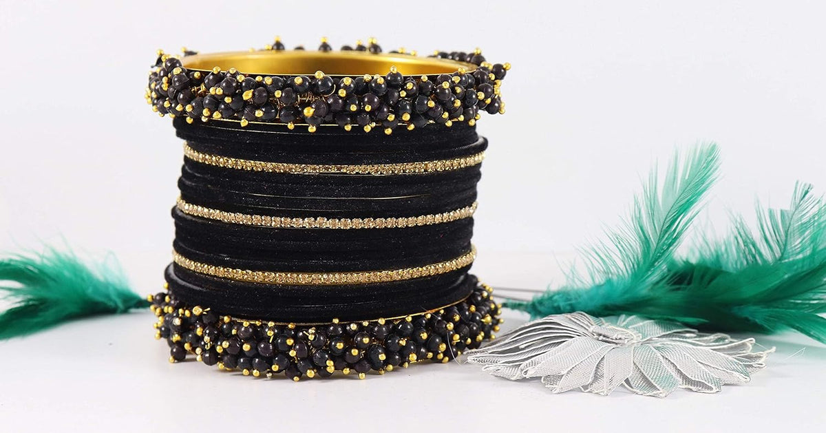 NMII Gold Metal Bangles Set Velvet Chuda Set with Pearls & Zircon Diamonds For Women & Girls Stylish | Designer Girl's Bangles Kangan Traditional | Fashion Jewellery, Wedding, Festive- Set of 21