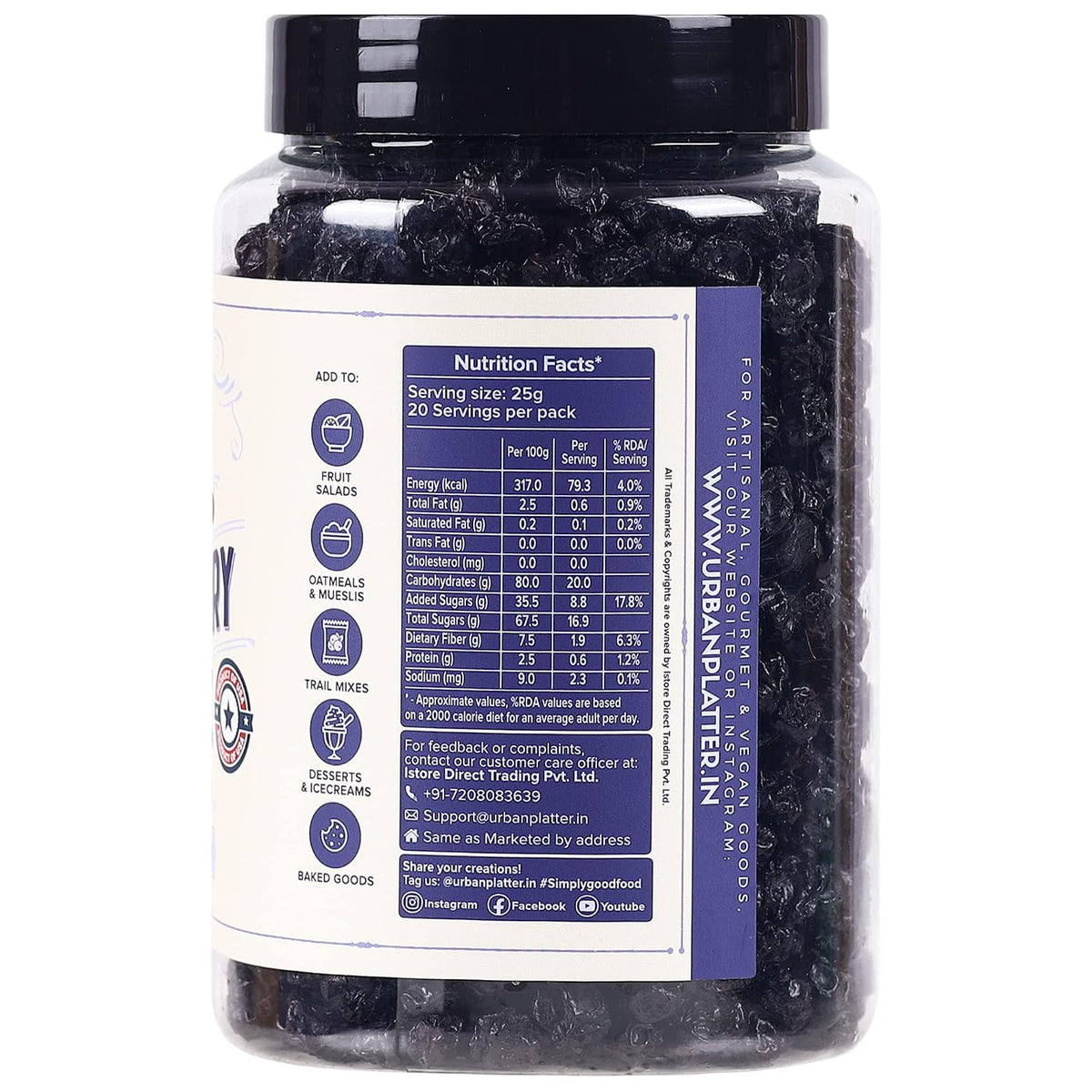 Urban Platter Dried Blueberries, 500g (Sweet & Mildly Tart | Garnish or Add to Fruit Salads, Oatmeals, Mueslis, Trail Mixes, Ice Creams, Baked Goods | Product of USA)