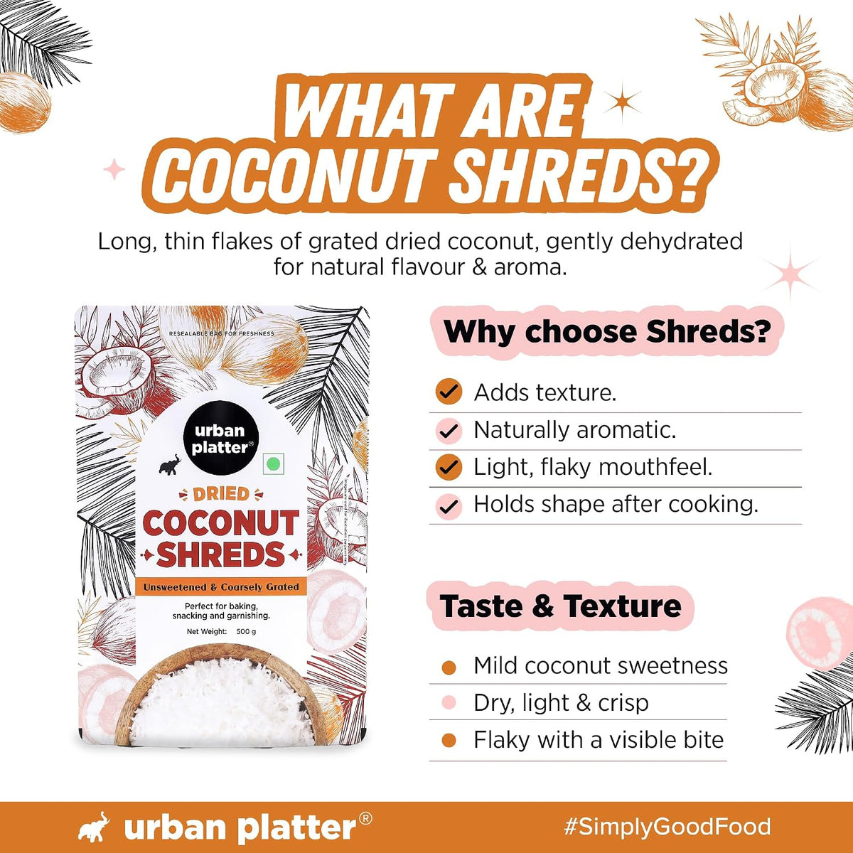 Urban Platter Dried Coconut Shreds 500g (Unsweetened Coarsely Grated, Ideal for Baking, Garnishing & Indian Sweets)