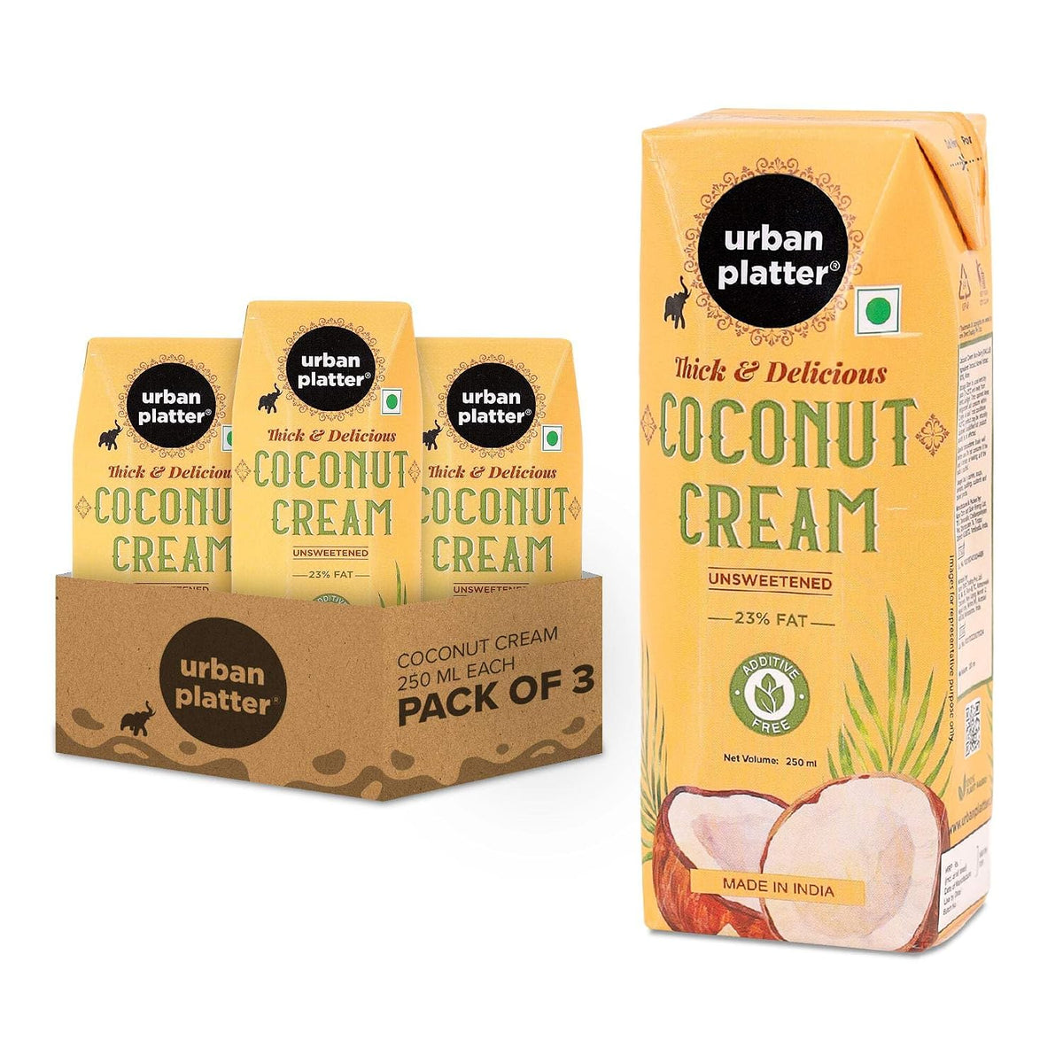 Urban Platter Unsweetened Coconut Cream, 250ml (Pack of 3, 23% Fat, Additive-Free, Made in India, 100% Pure & Thick, Clean Label)